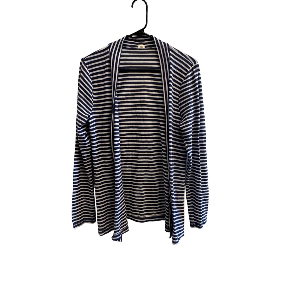 J.Crew Women's Navy White Striped Open Front Cardigan Large Sweater